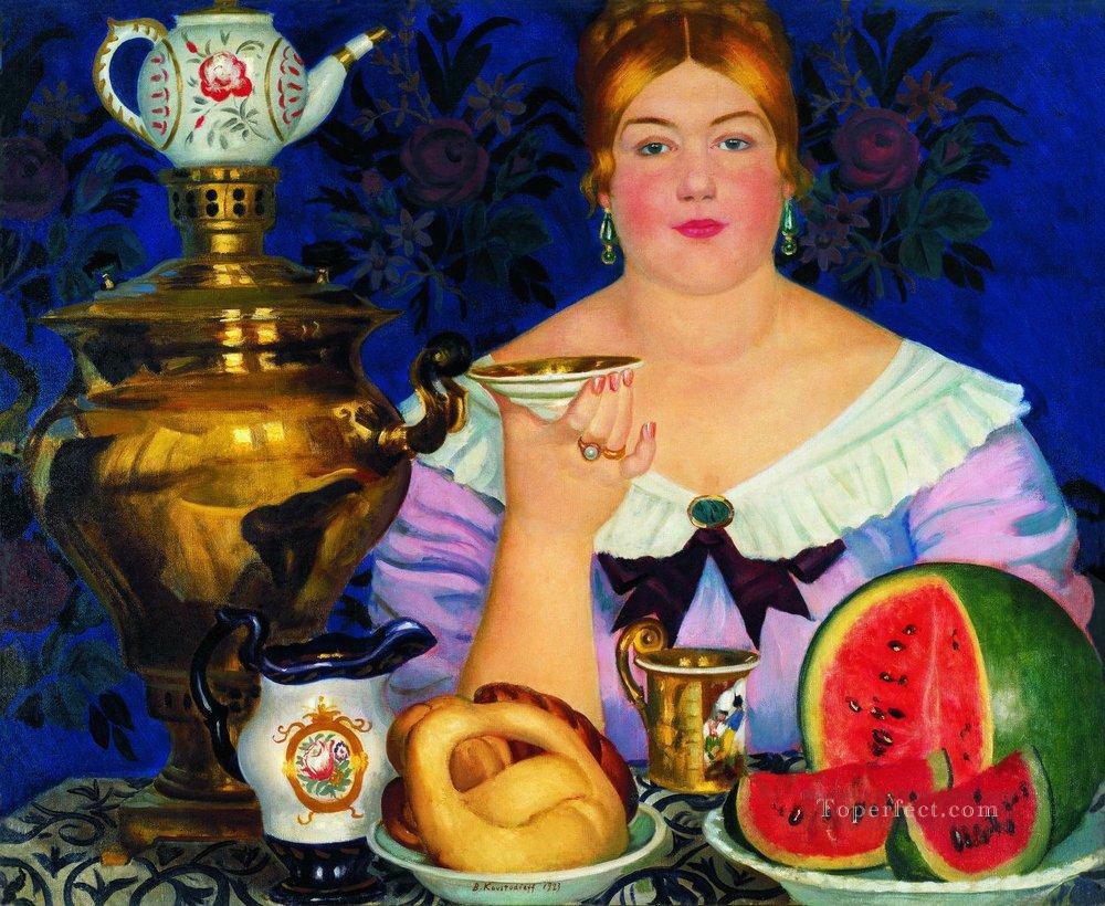 mercahnt s wife drinking tea 1923 Boris Mikhailovich Kustodiev Oil Paintings